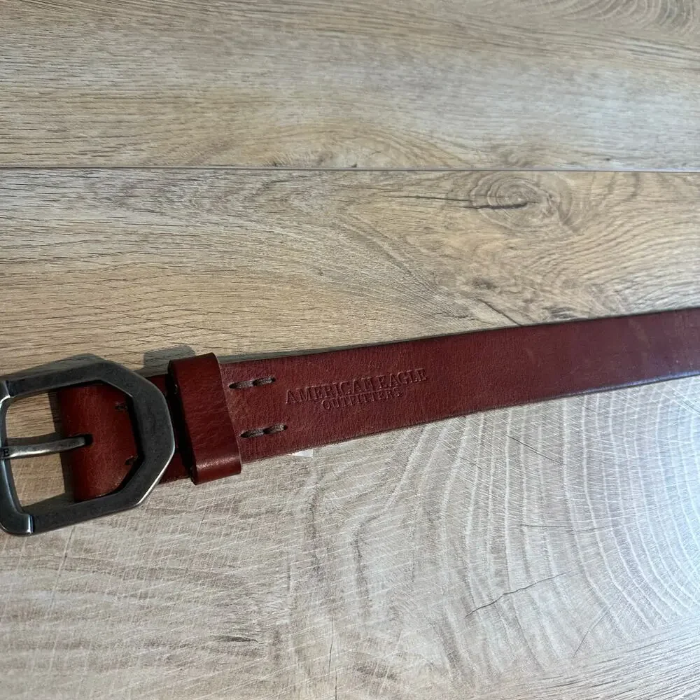 American Eagle Vintage Y2K Brown Leather Belt Silver Logo 32